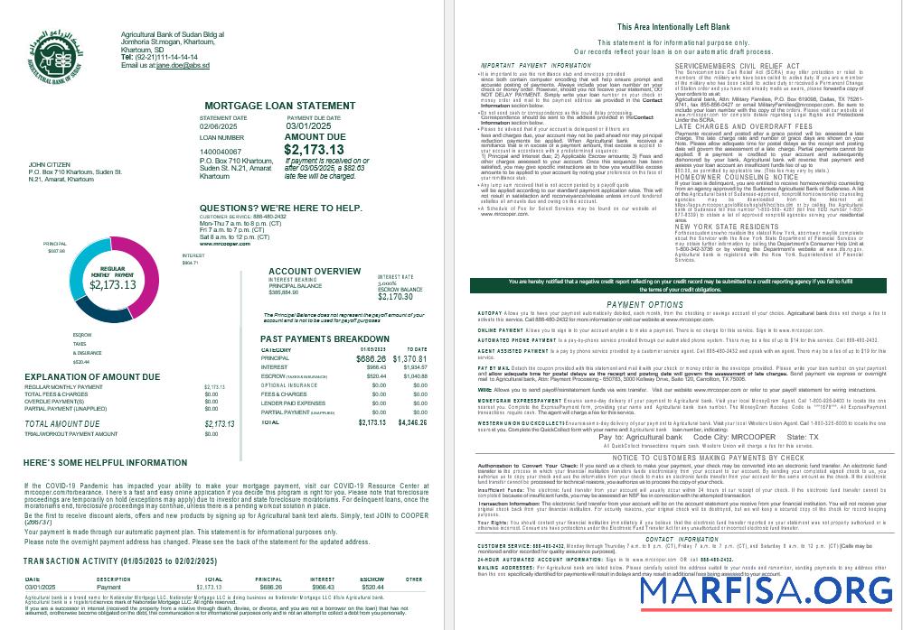 Printable Sudanese Agricultural Bank of Sudanese bank mortgage loan statement in Word and PDF formats , 4 pages 1 2 sample